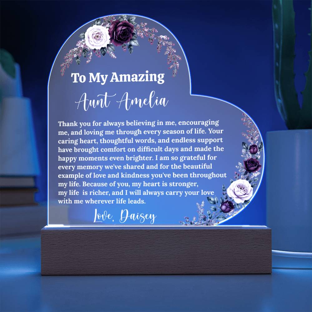Aunt LED Light Acrylic Heart Plaque, Personalized Gift for Christmas, Birthday, Wedding
