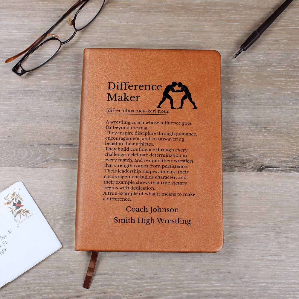 Wrestling Coach Gift, Difference Maker Vegan Leather Journal, Inspirational Notebook, Personalized Coach Appreciation