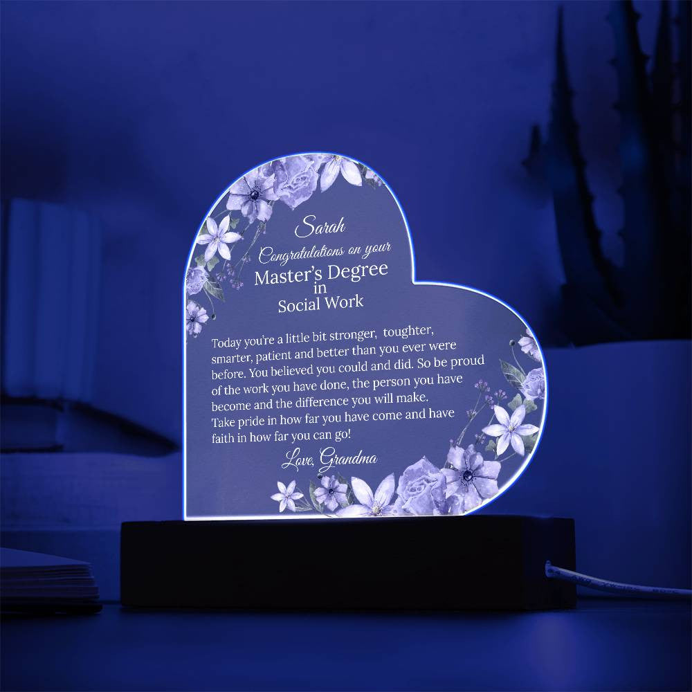 Personalized Masters Degree Light Acrylic Heart Plaque