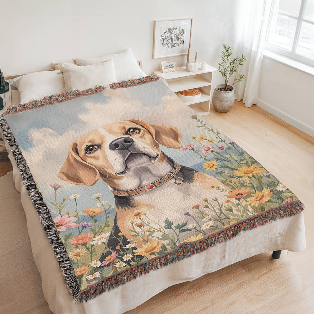 Watercolor Beagle Wildflower Floral Woven Cotton Throw Blanket