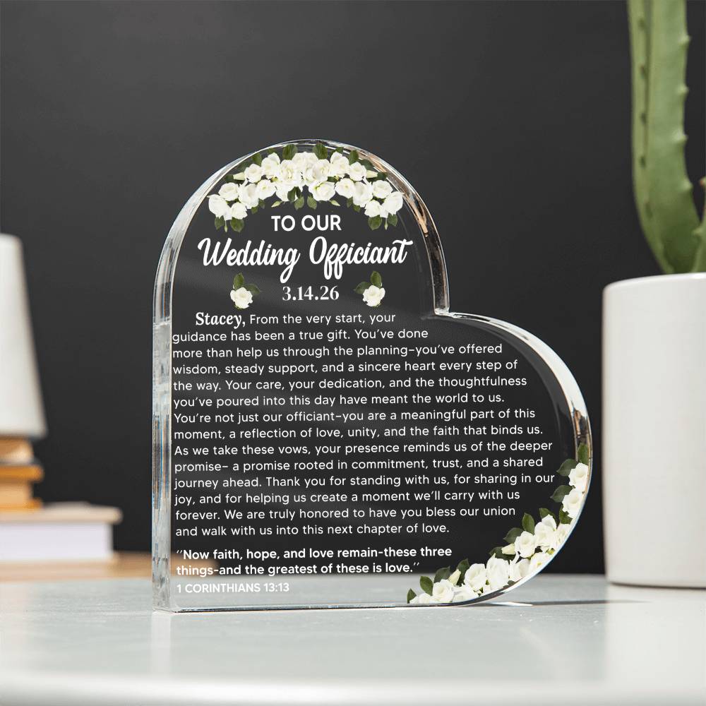 To Our Wedding Officiant Acrylic Heart Plaque