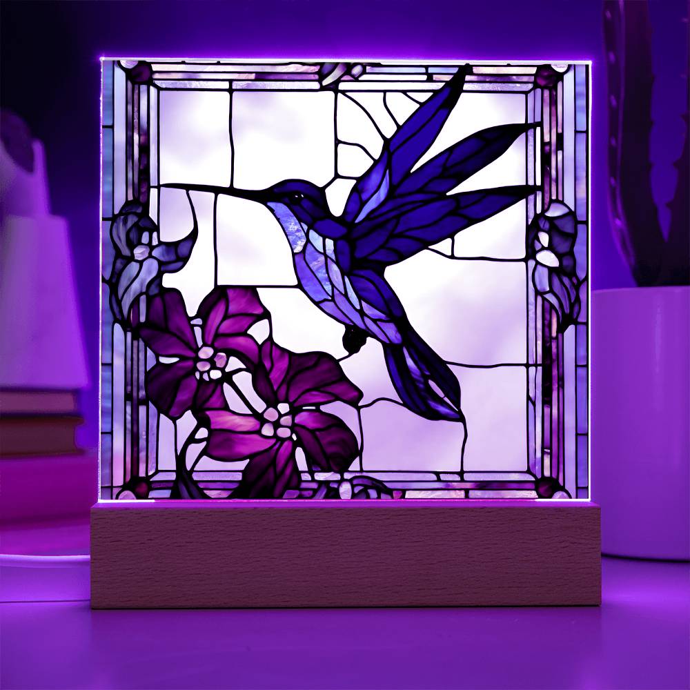 Hummingbird Flowers Faux Stained Glass LED Acrylic Plaque