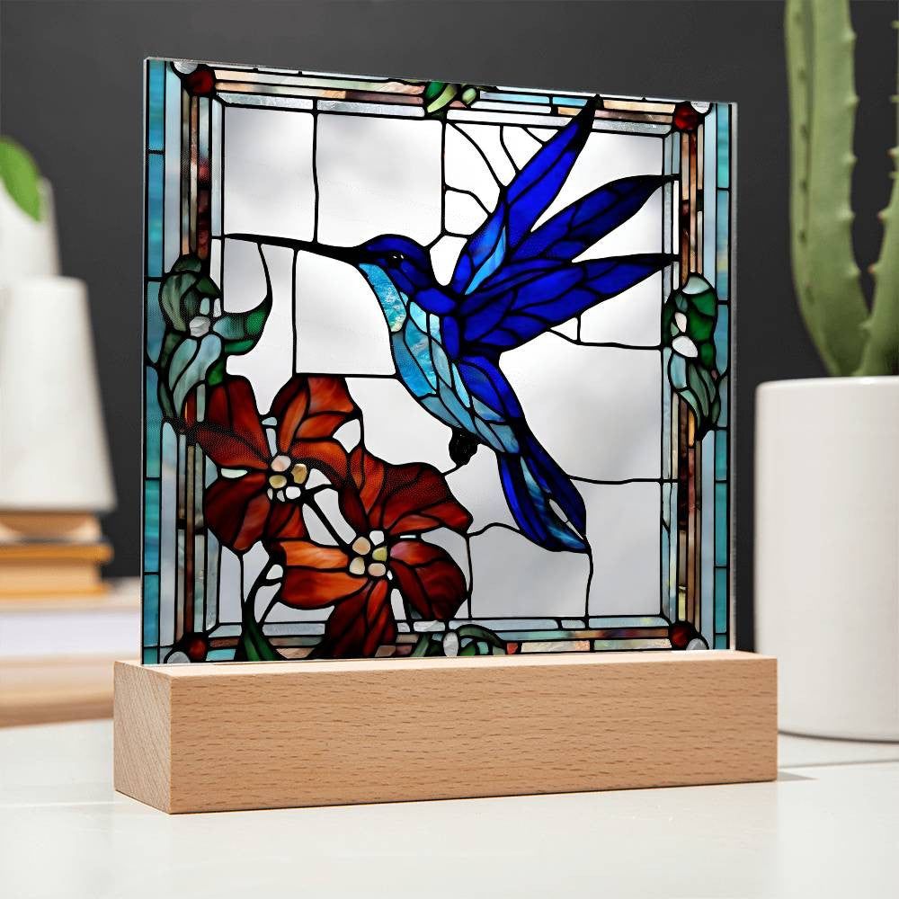 Hummingbird Flowers Faux Stained Glass LED Acrylic Plaque