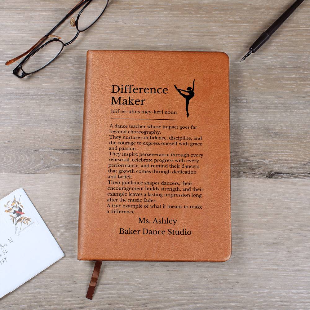Dance Teacher Definition Journal, Vegan Leather Notebook with Bookmark, Personalized Gift for Dance Instructors, Inspirational Diary
