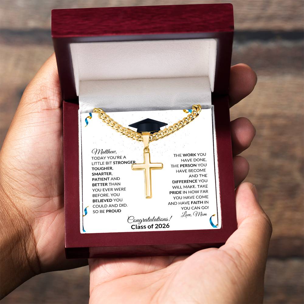 Graduation Cross Necklace Gift with Cuban Link Chain