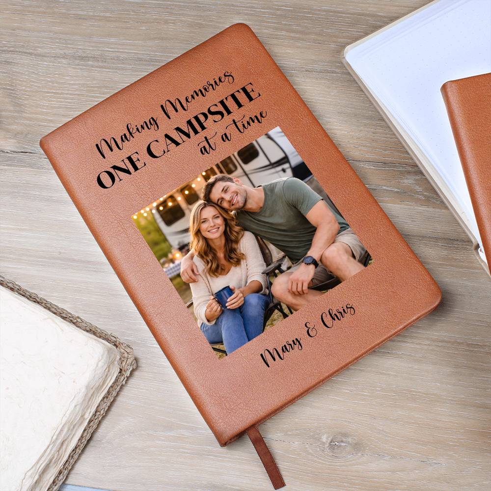 Personalized Camping Photo Journal, Vegan Leather Notebook, Custom Adventure Diary, Memory Keepsake, Outdoor Travel Gift
