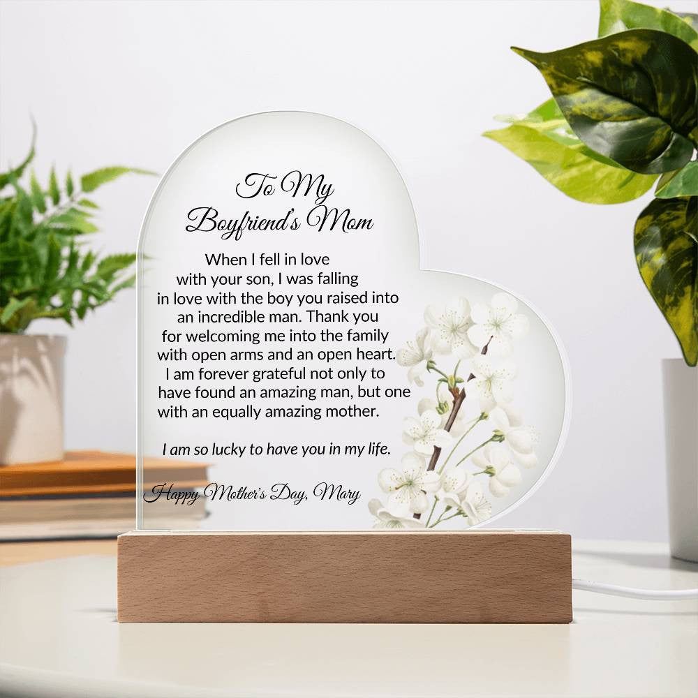 Boyfriends Mom Acrylic Heart Plaque