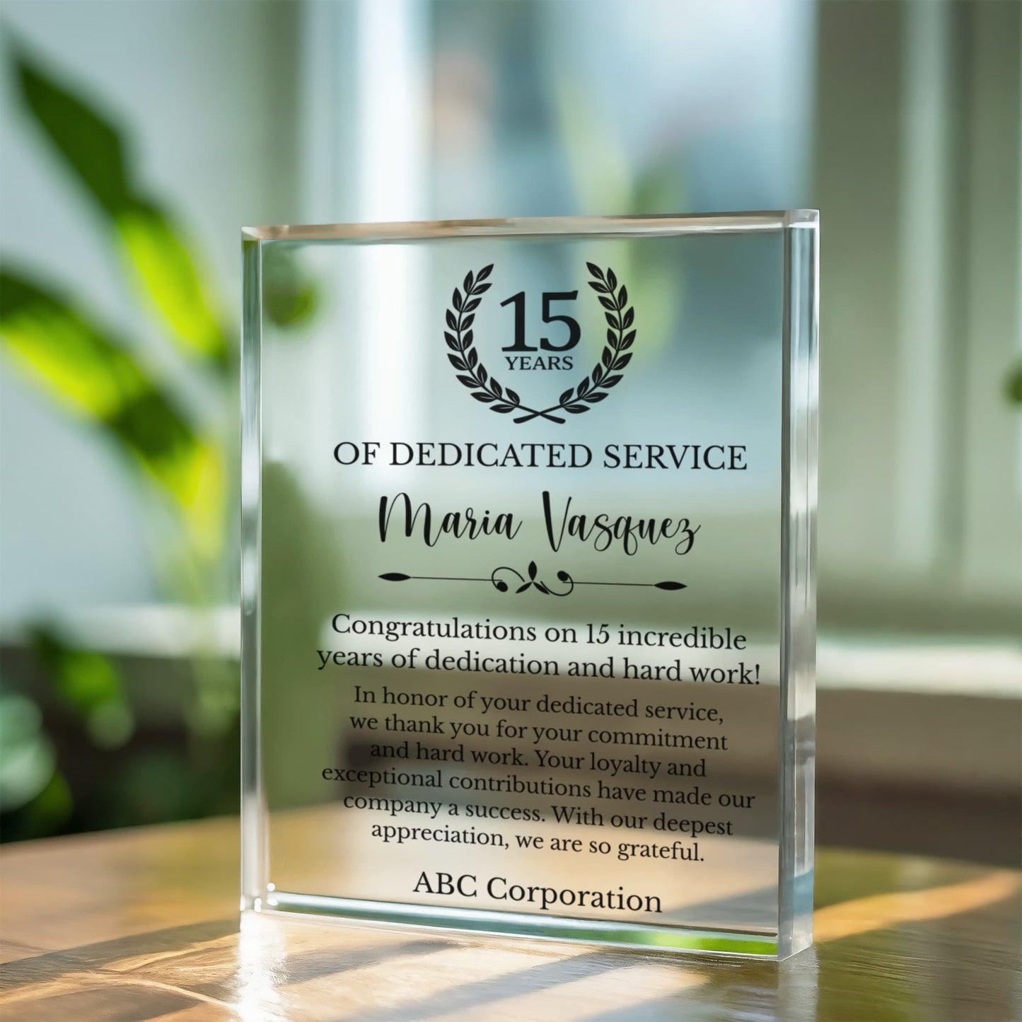 15 Year Service Award Plaque, Personalized Milestone Recognition