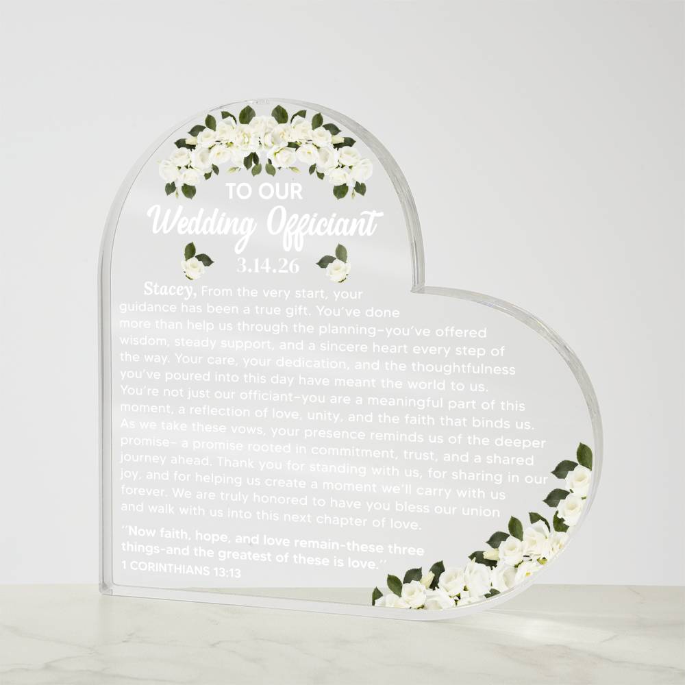 To Our Wedding Officiant Acrylic Heart Plaque