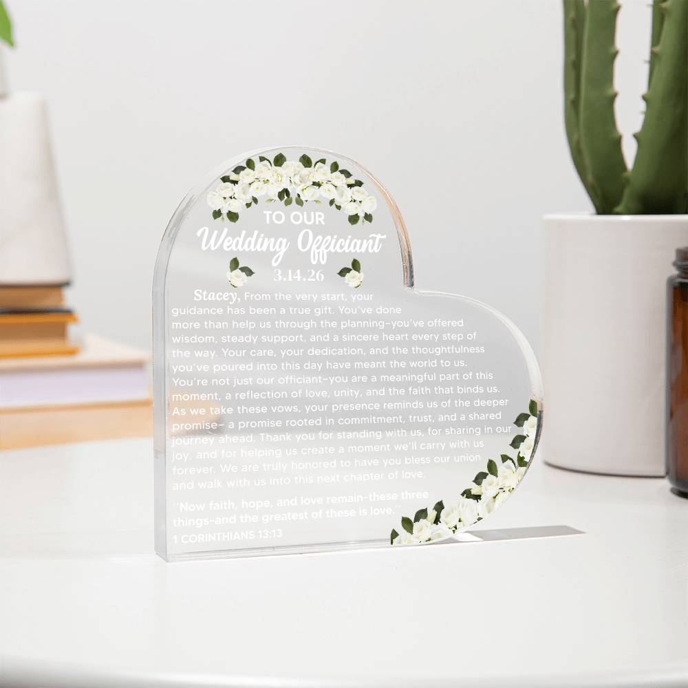 To Our Wedding Officiant Acrylic Heart Plaque