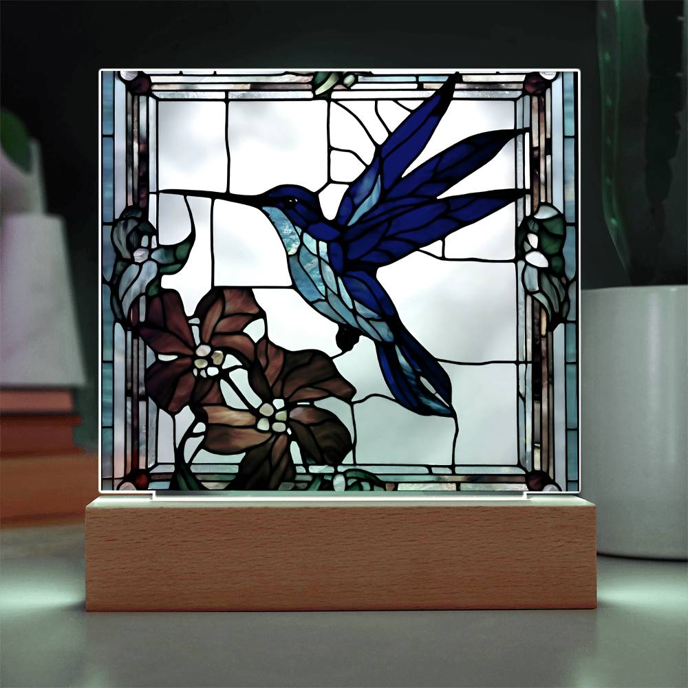 Hummingbird Flowers Faux Stained Glass LED Acrylic Plaque