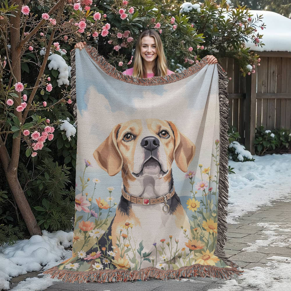 Watercolor Beagle Wildflower Floral Woven Cotton Throw Blanket
