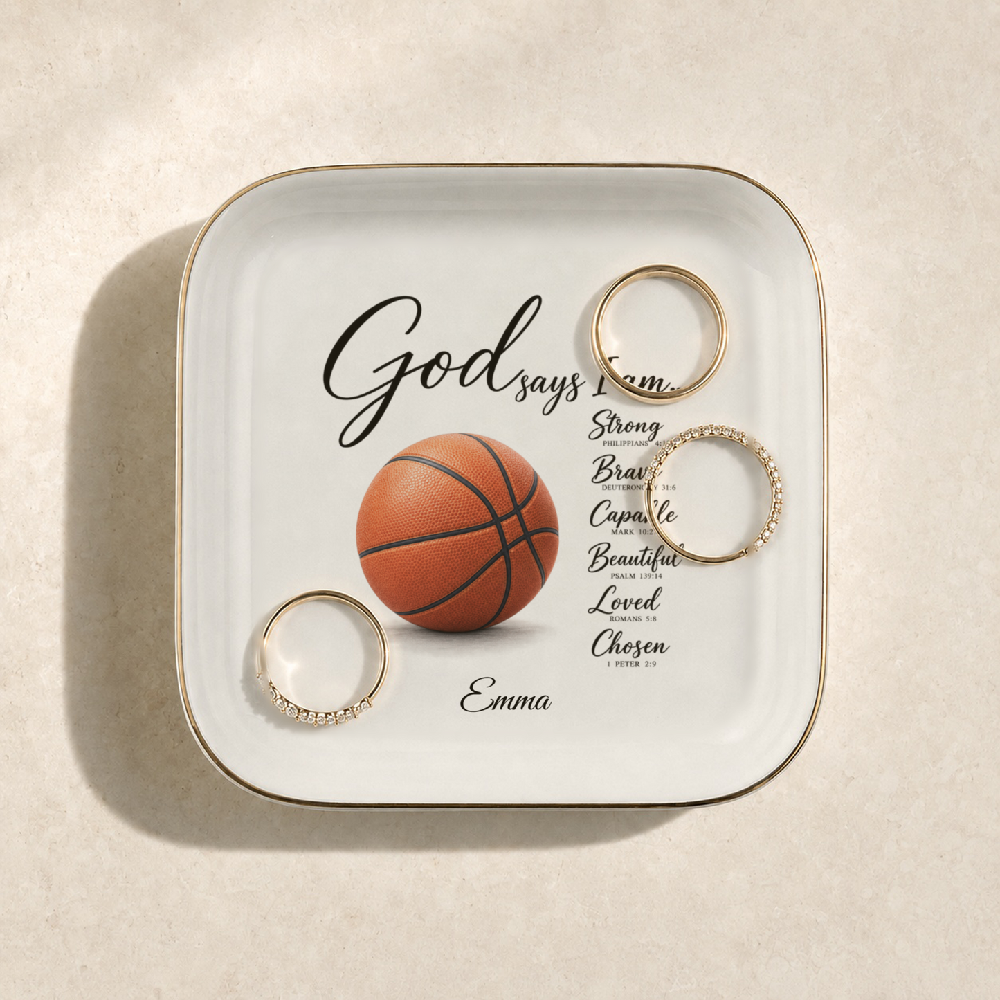 Personalized Christian Basketball Jewelry Dish, Faith Gift for Basketball Player, Encouragement Keepsake, God Says I Am Trinket Tray