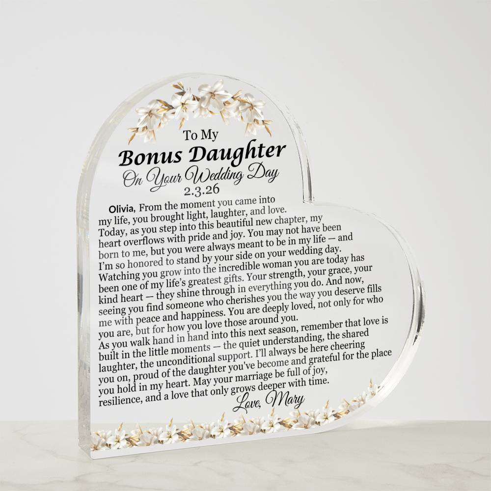 To My Bonus Daughter On Your Wedding Day Acrylic Heart Plaque