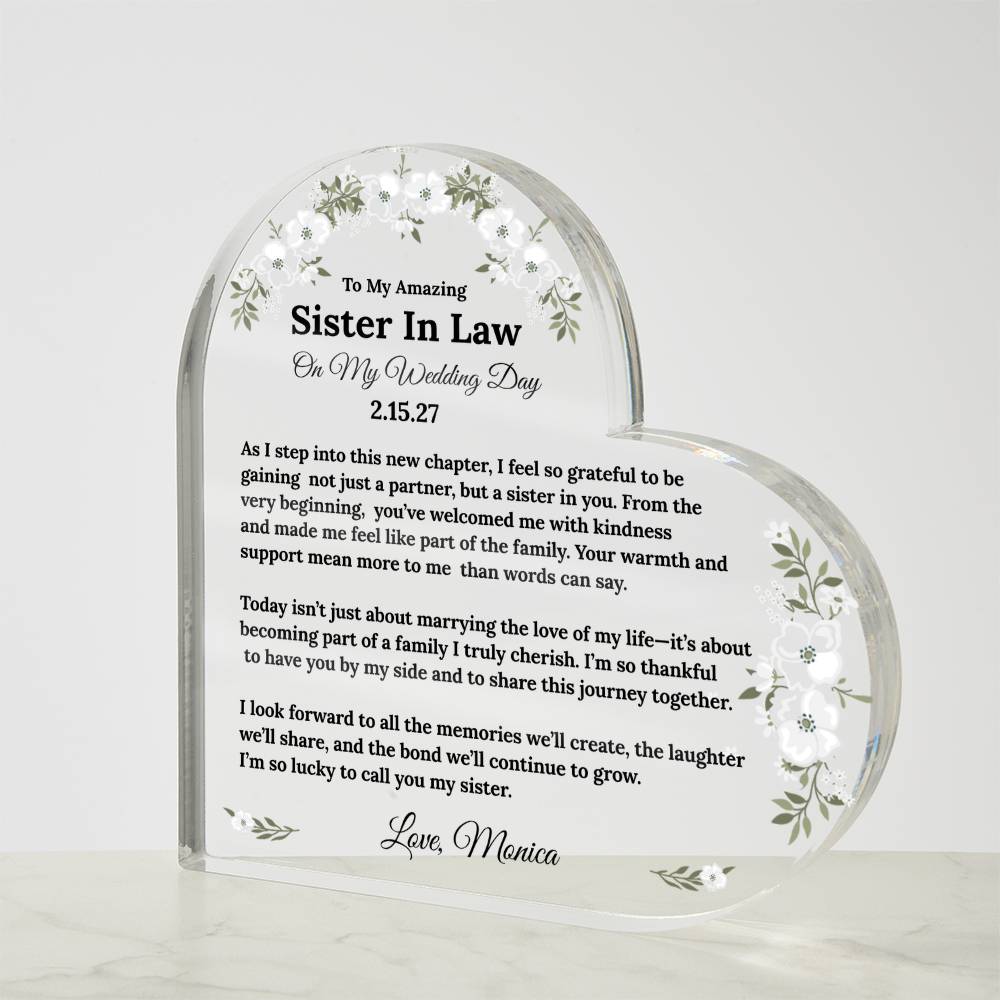 To My Sister In Law On My Wedding Day Acrylic Heart Block
