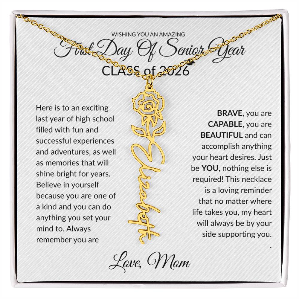 1st Day of Senior Year Class of 2026 Birthflower Name Necklace