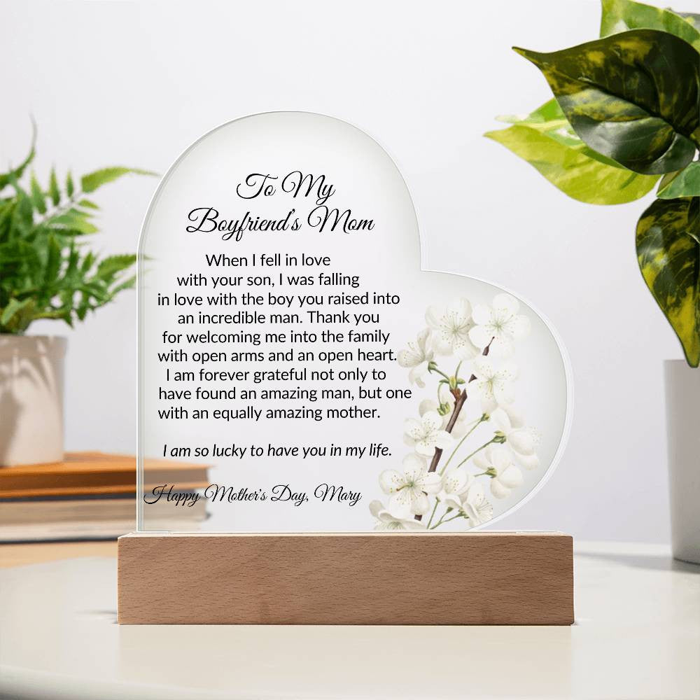 Boyfriends Mom Acrylic Heart Plaque