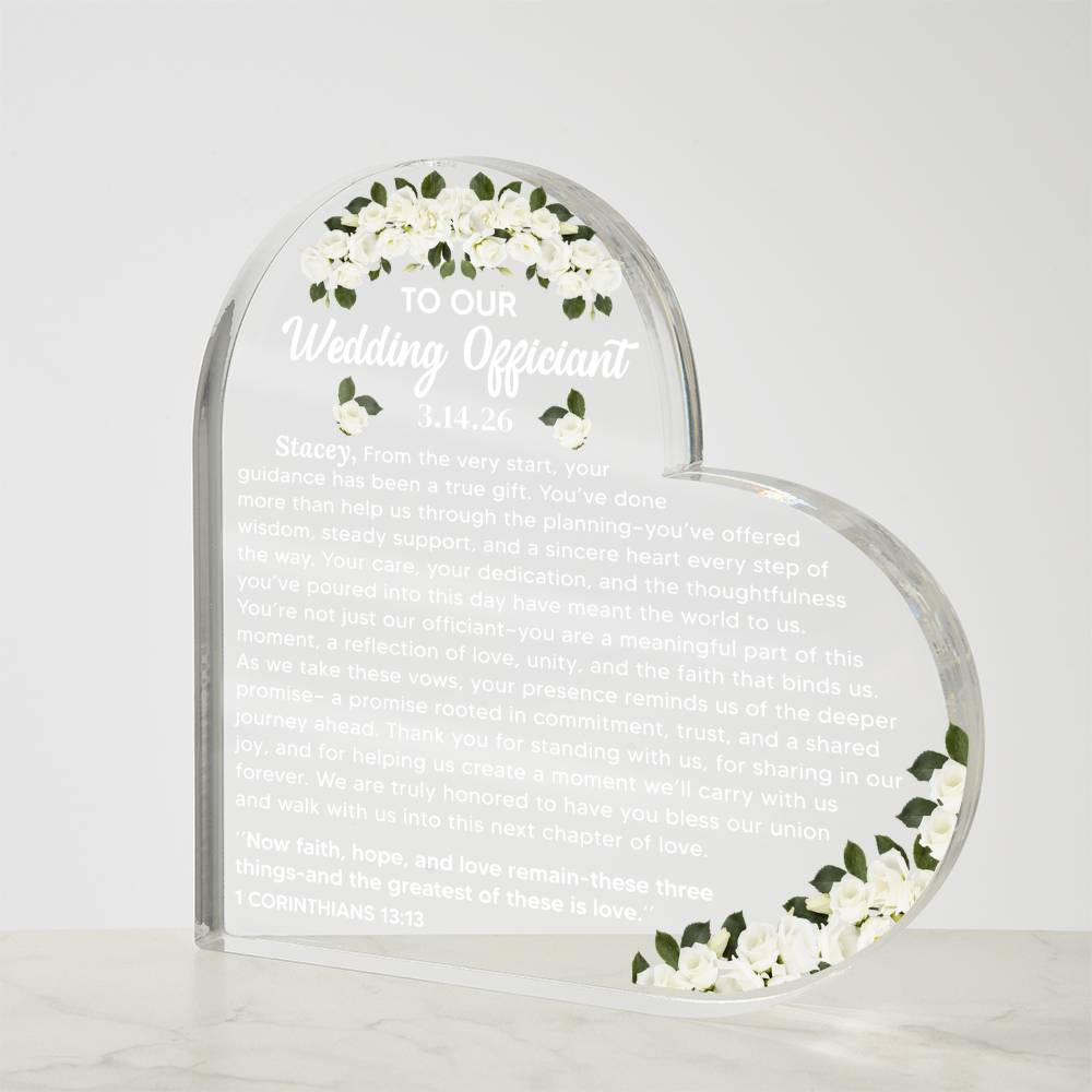 To Our Wedding Officiant Acrylic Heart Plaque