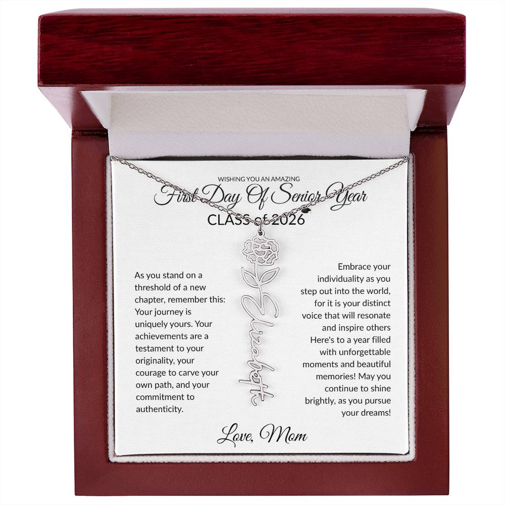 First Day of Senior Year Class of 2026 Flower Name necklace