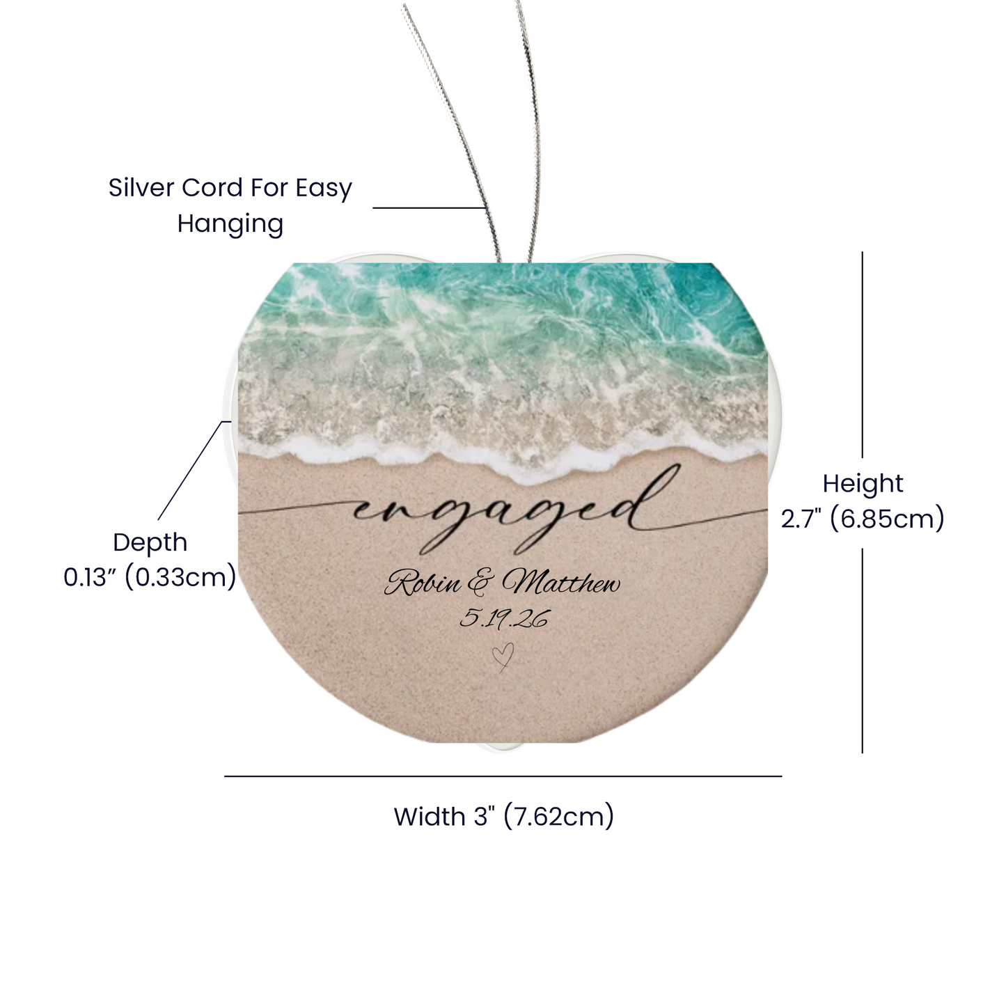 Acrylic Heart Beach Ornament, Personalized Engagement Keepsake, Beach Theme Wedding, Custom Names in Sand Gift