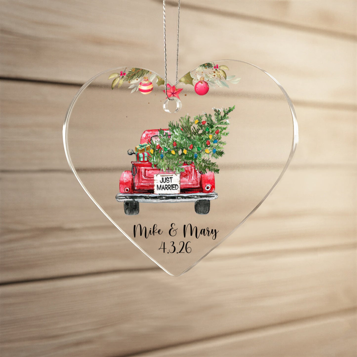 First Christmas Married Ornament, Personalized Acrylic Heart, Vintage Truck Keepsake, Newlywed Holiday Gift, Custom Wedding Ornament