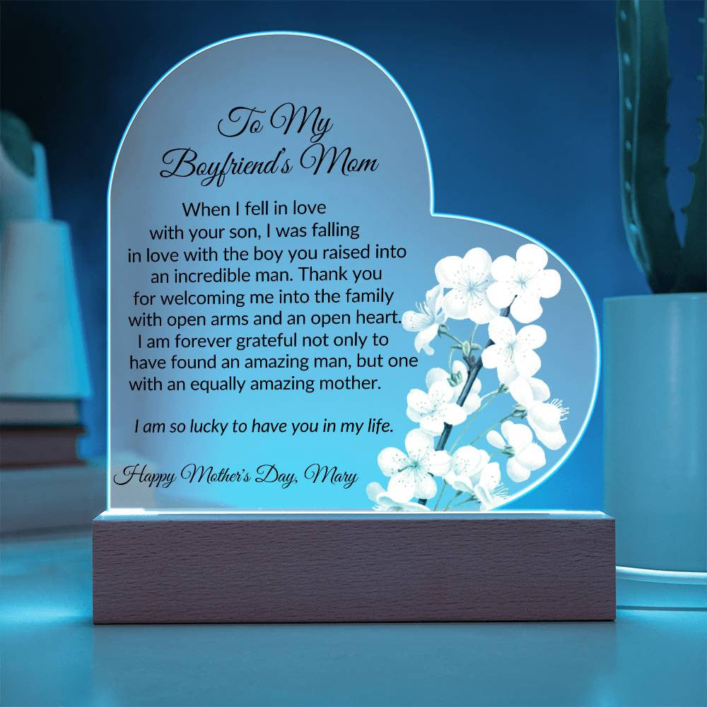 Boyfriends Mom Acrylic Heart Plaque