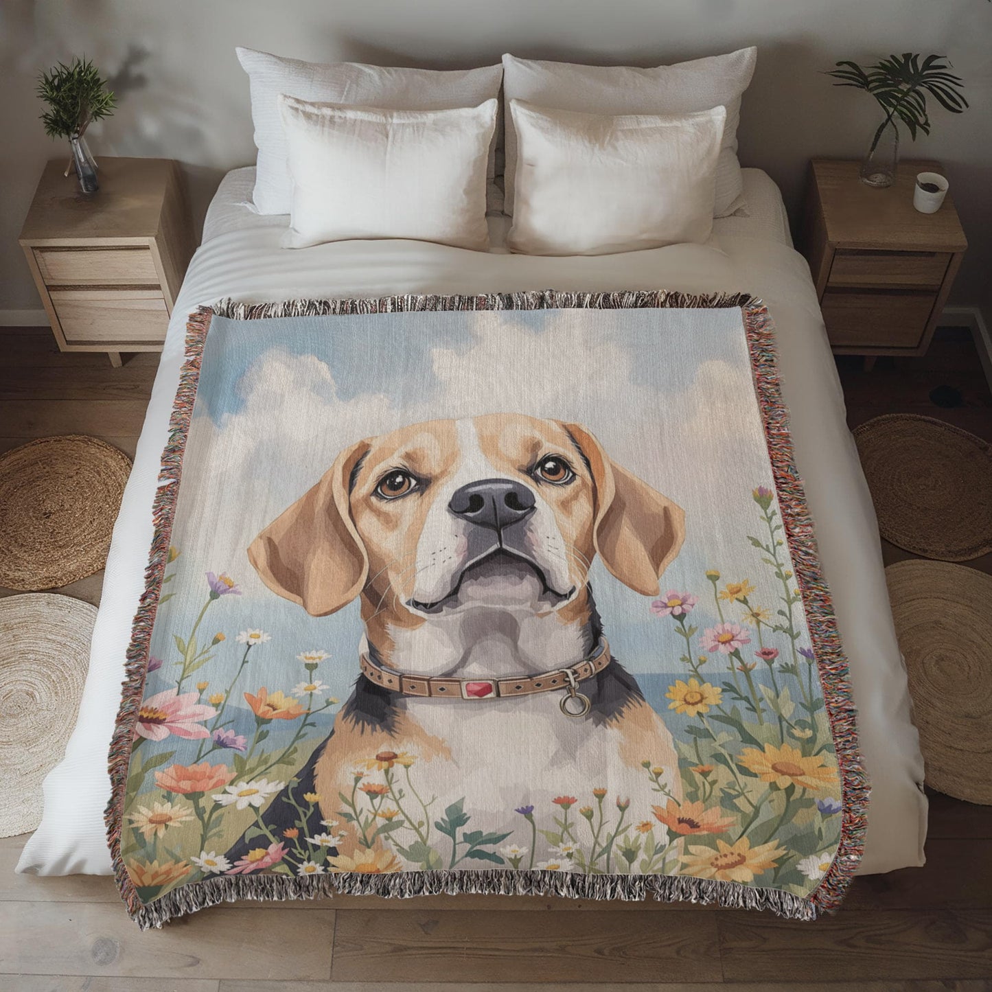 Watercolor Beagle Wildflower Floral Woven Cotton Throw Blanket