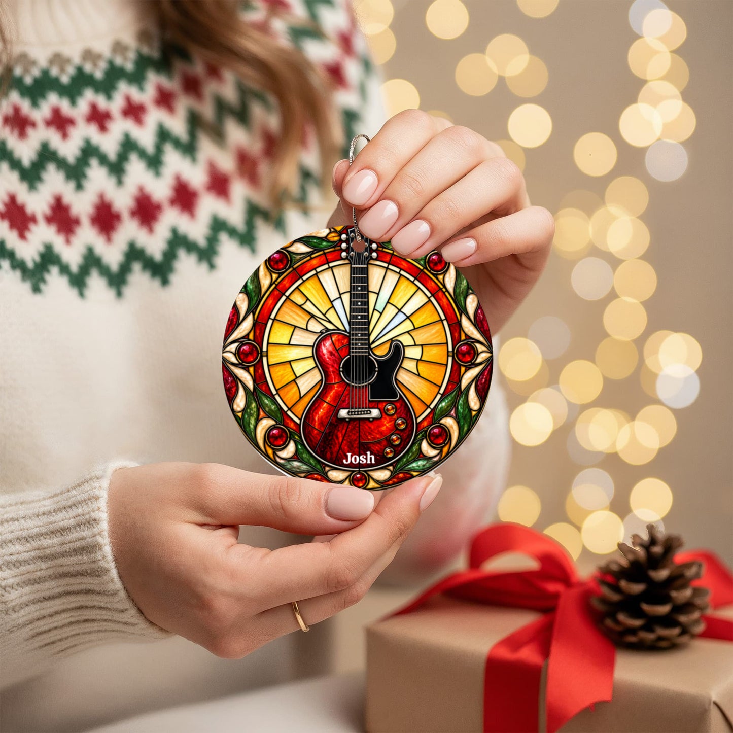 Electric Guitar Christmas Ornament, Music Lover Tree Decor, Stained Glass Style Acrylic Hanging Holiday Gift for Guitarists