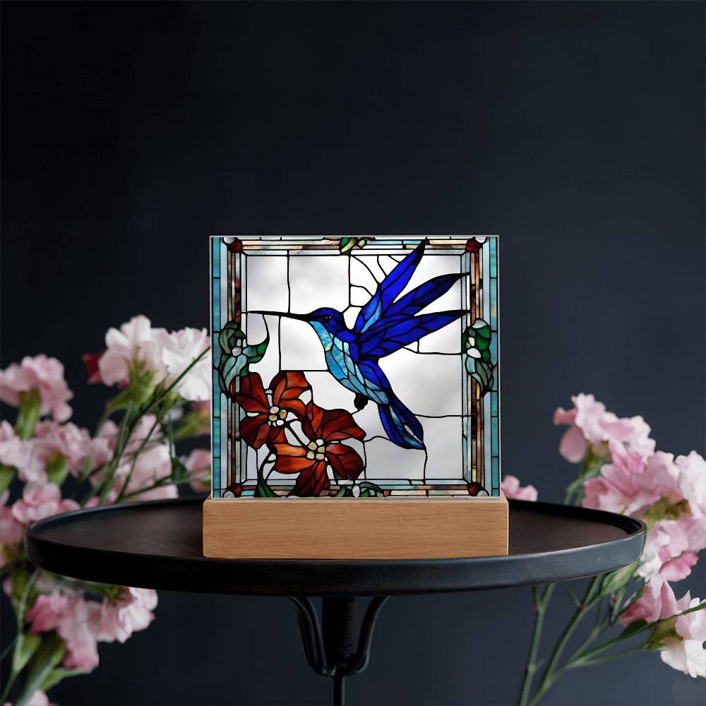 Hummingbird Flowers Faux Stained Glass LED Acrylic Plaque