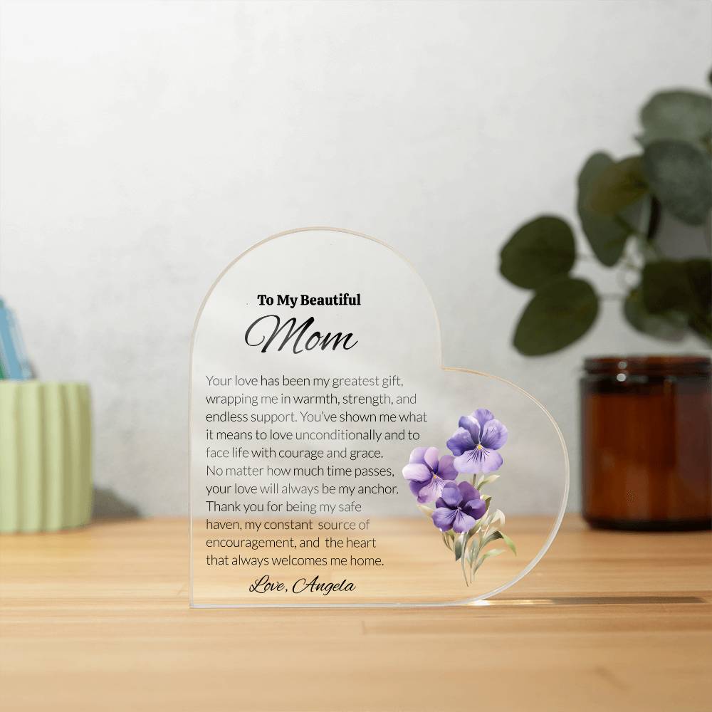 Mom Acrylic Heart Plaque with Personalized Birthflower