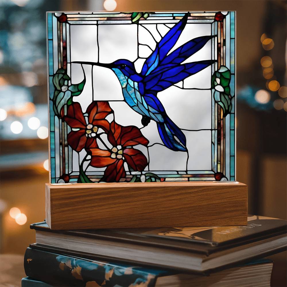 Hummingbird Flowers Faux Stained Glass LED Acrylic Plaque