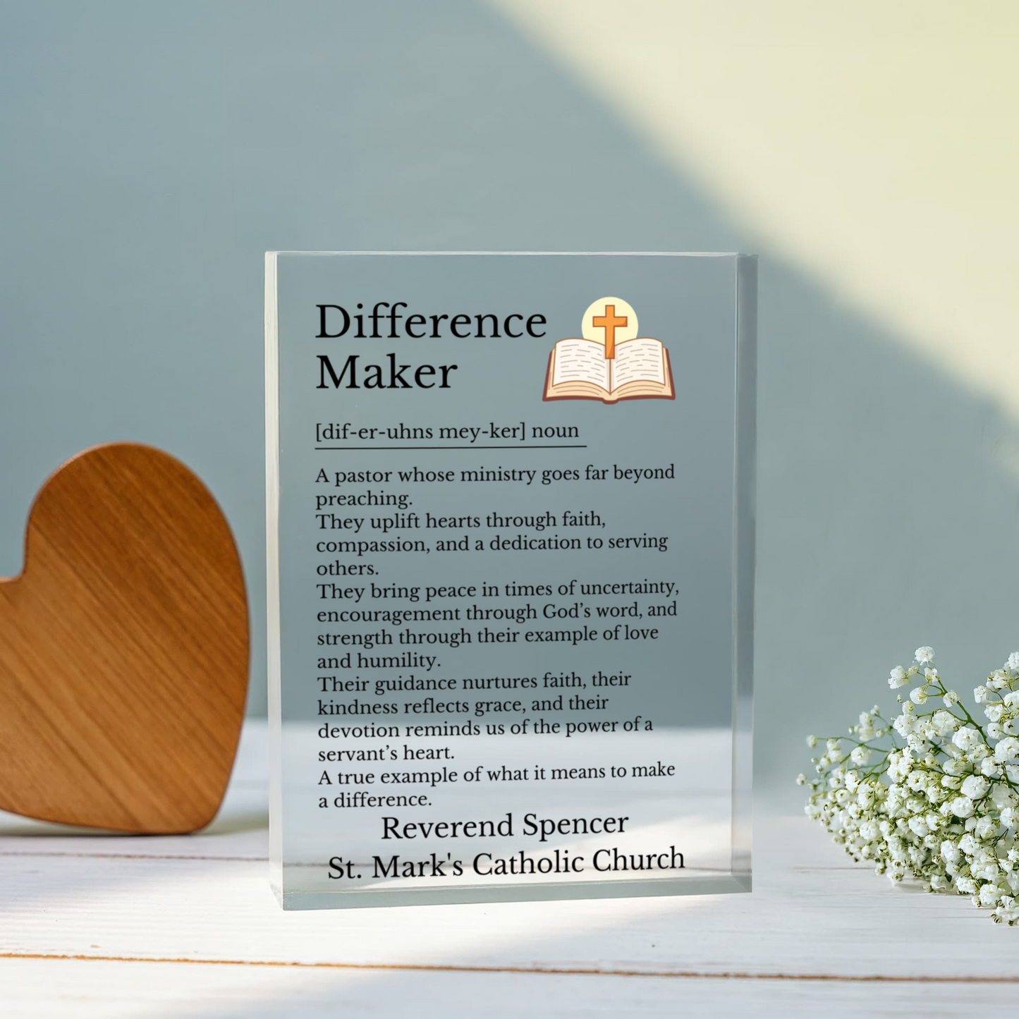 Reverend Pastor Retirement Plaque, Difference Maker Gift, Ordination Keepsake, Personalized Acrylic Block, Pastor Appreciation Gift