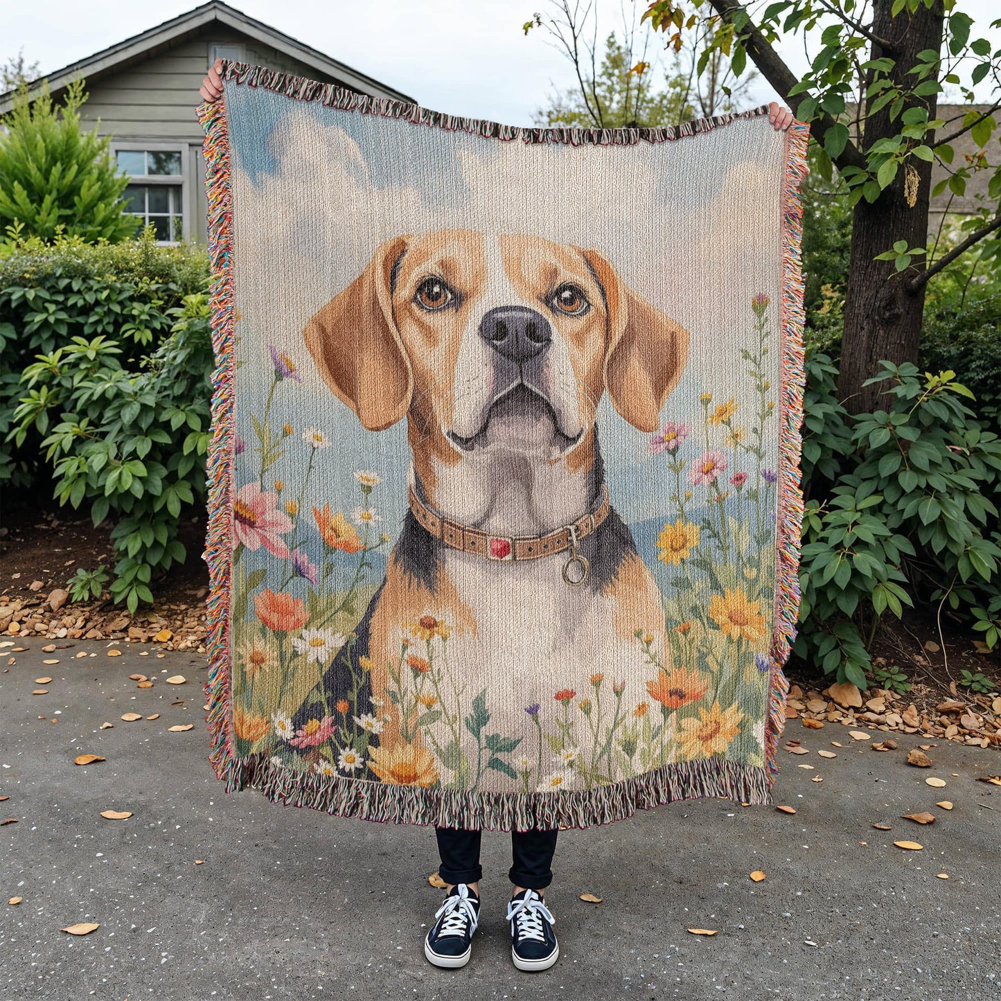 Watercolor Beagle Wildflower Floral Woven Cotton Throw Blanket