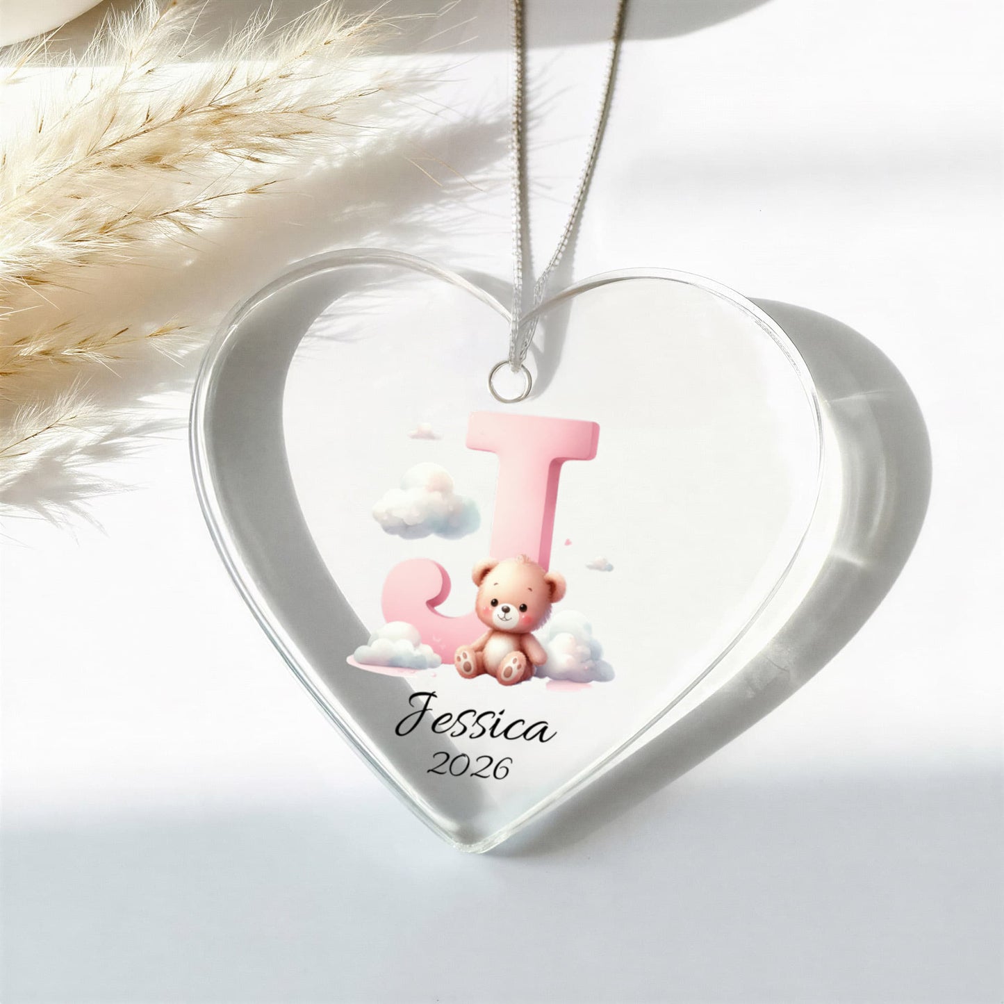 Pink Teddy Bear Acrylic Heart Ornament