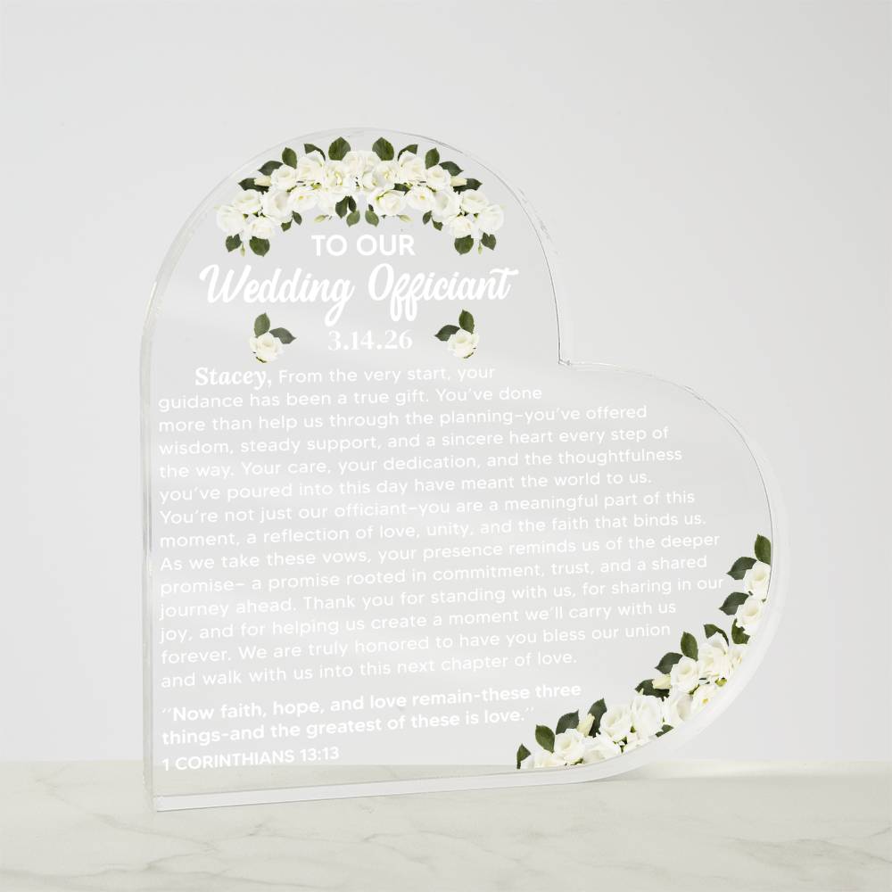 To Our Wedding Officiant Acrylic Heart Plaque