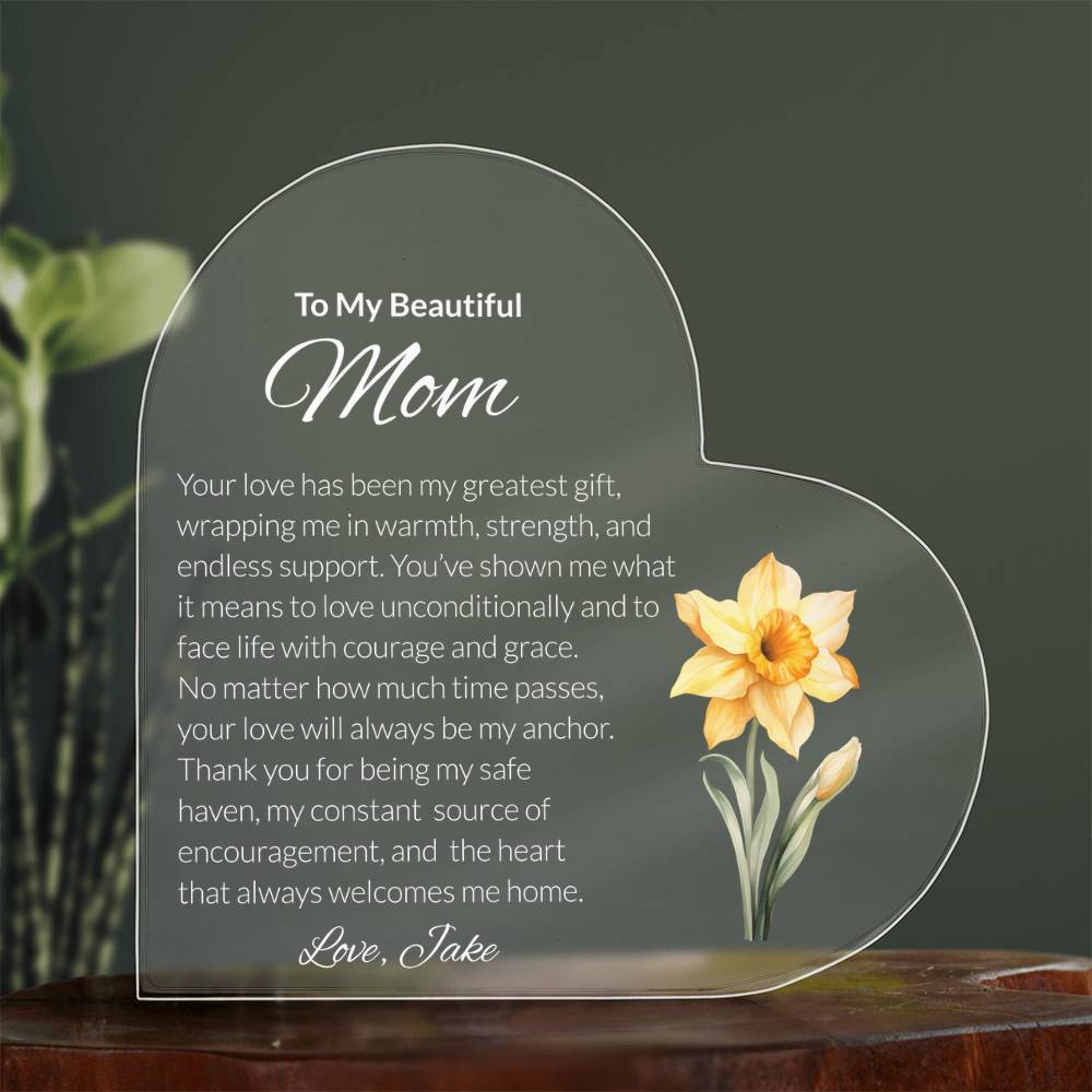 Mom Acrylic Heart Plaque with Personalized Birthflower