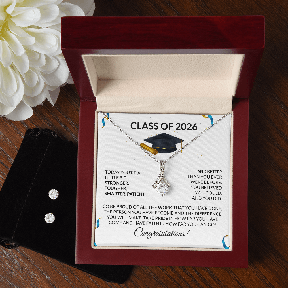 Class of 2026 Graduation Necklace and Earring Gift Set - Petite Ribbon
