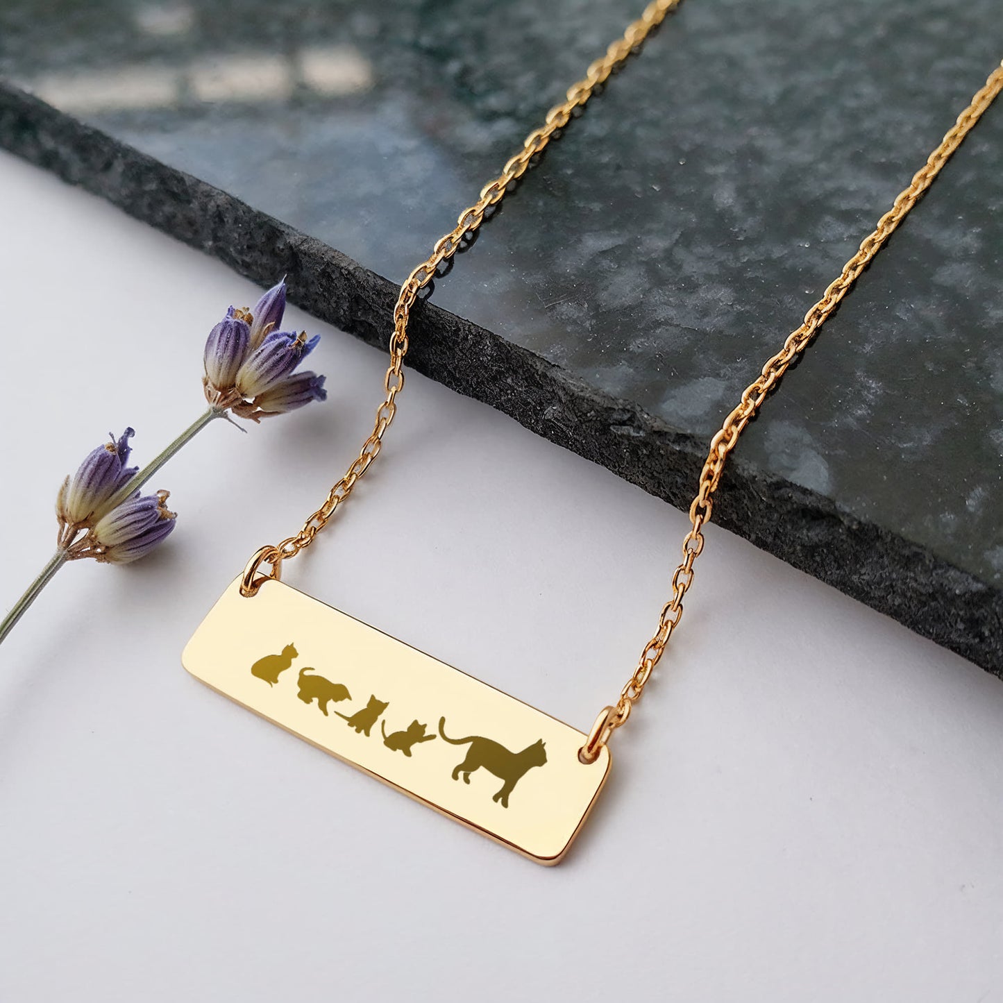 Mama Cat Engraved Vertical Bar Necklace 2 Kittens