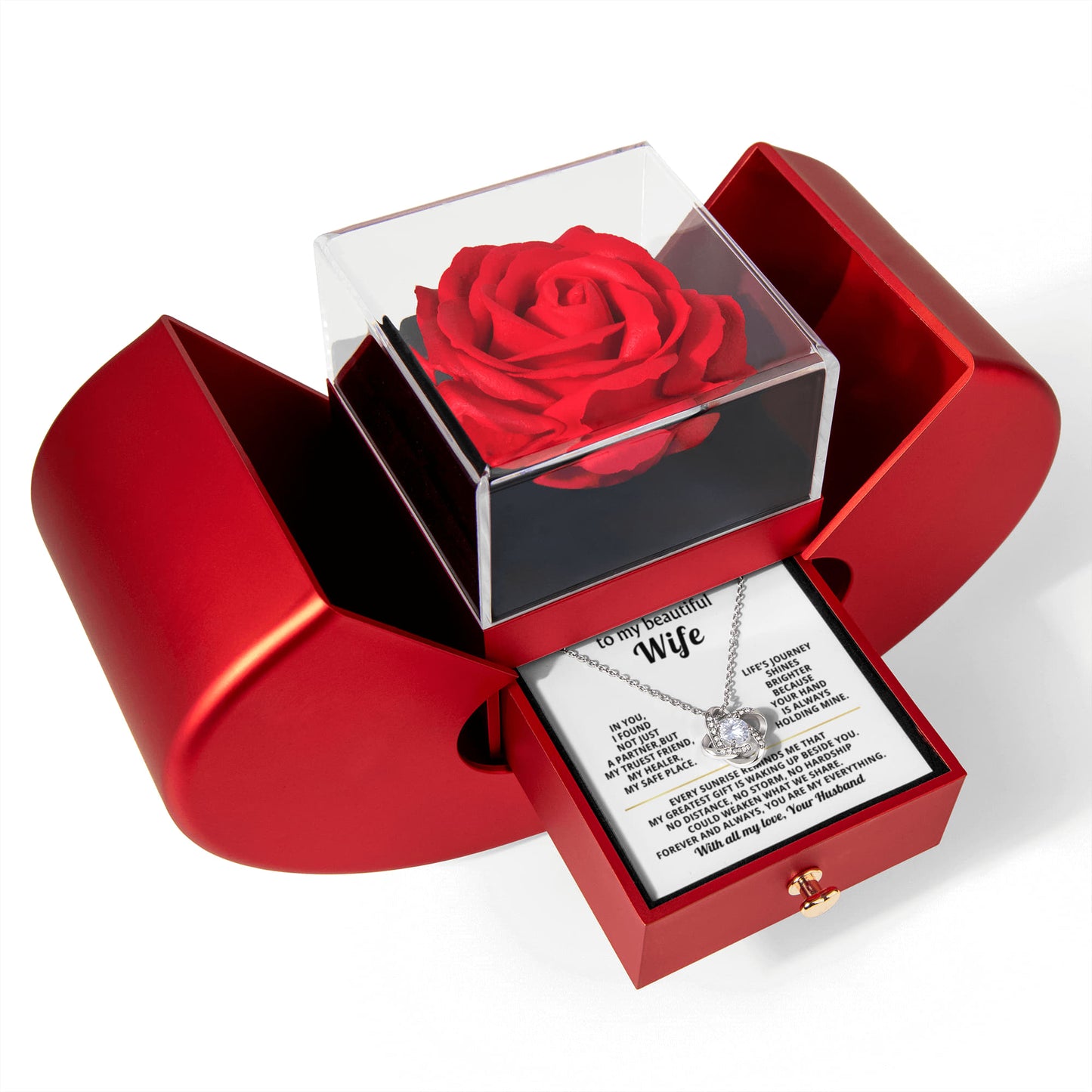 To My Wife Preserved Rose and Love Knot Necklace Gift Set