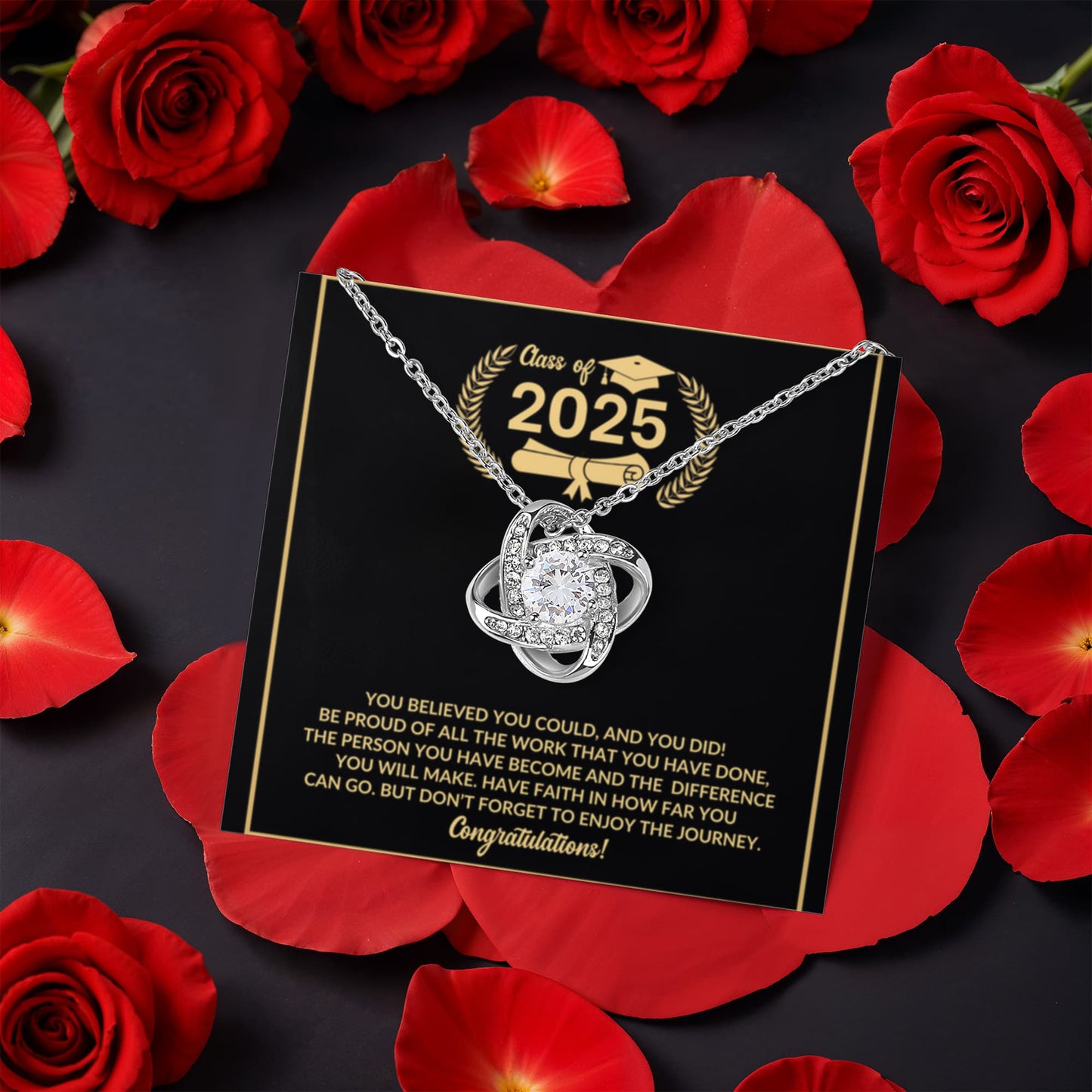 Class of 2025 Graduation Rotating Rose Box with Love Knot Necklace