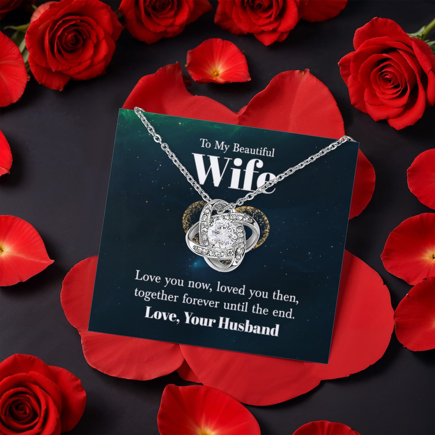 To My Beautiful Wife Rotating Rose Box and Love Knot Necklace