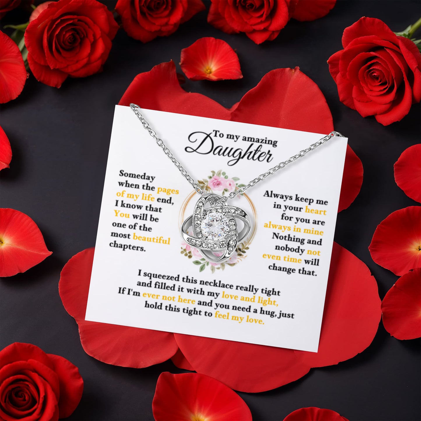 Daughter Rotating Rose Box Love Knot Necklace