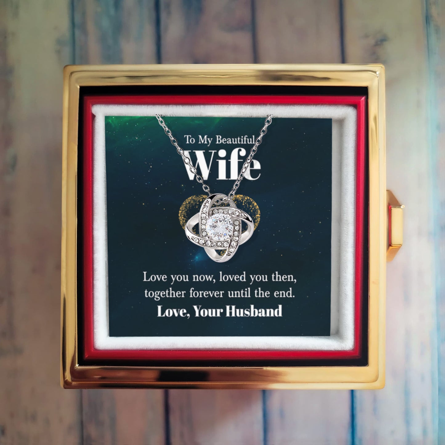 To My Beautiful Wife Rotating Rose Box and Love Knot Necklace