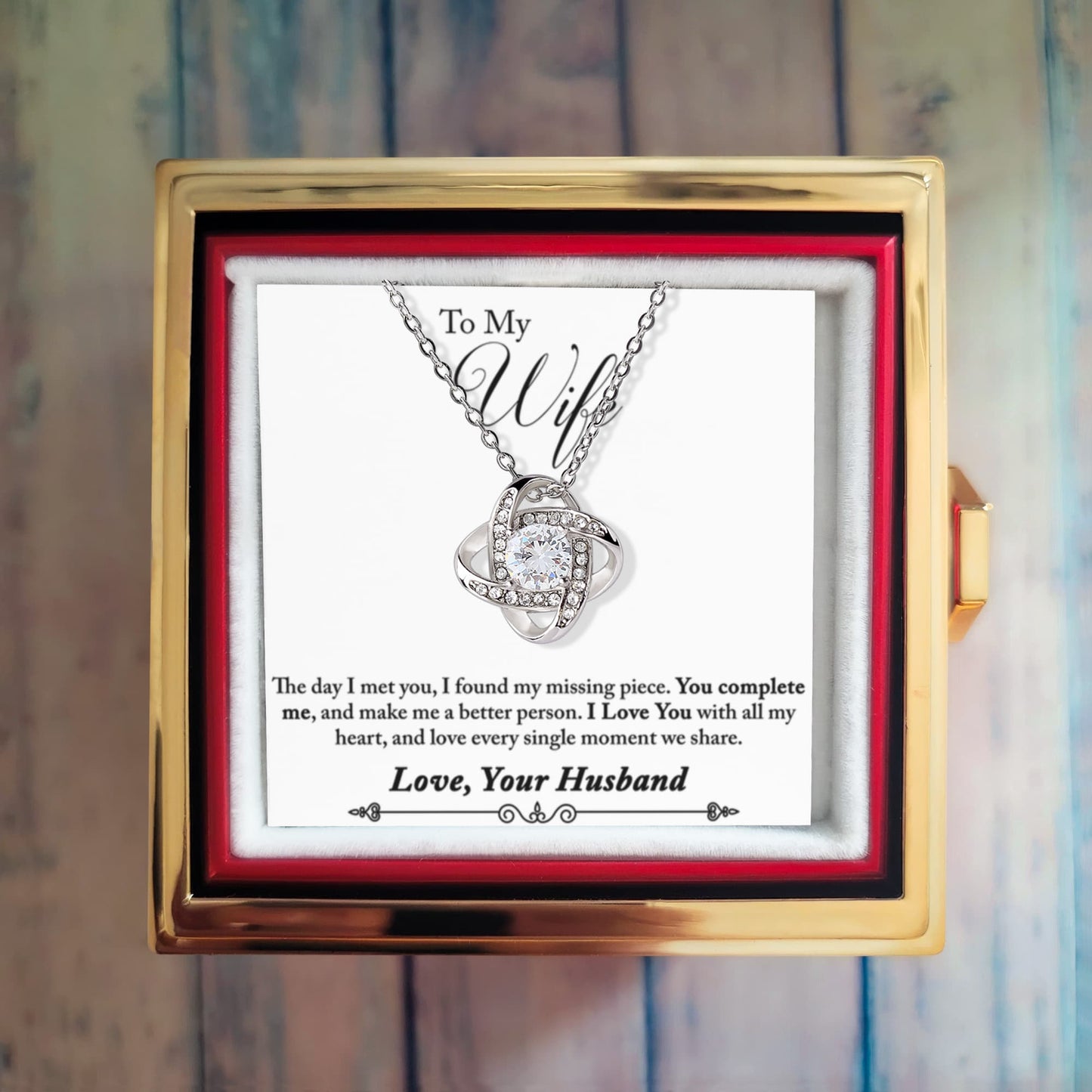 To My Wife Rotating Rose Box with Love Knot Necklace