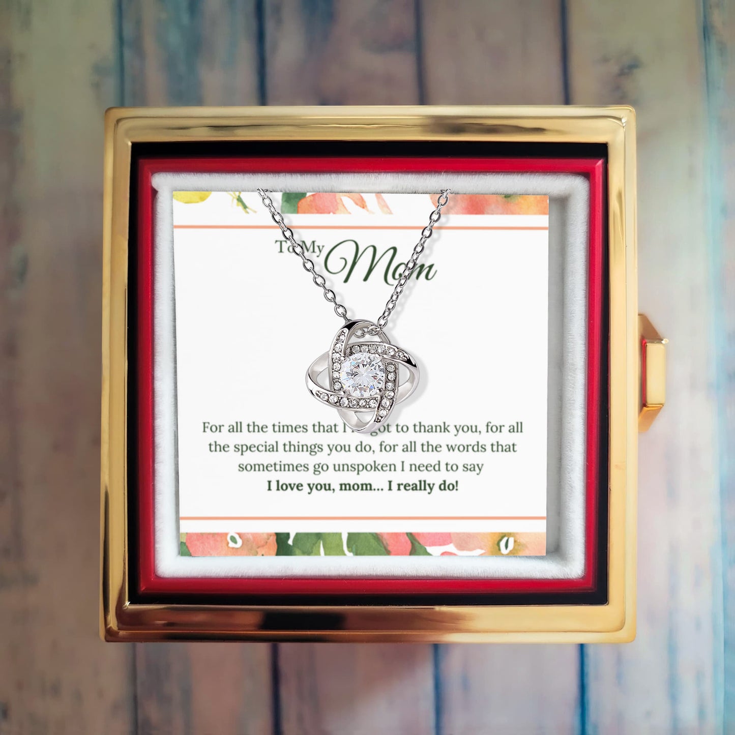 To My Mom Rotating Rose Box and Love Knot Necklace