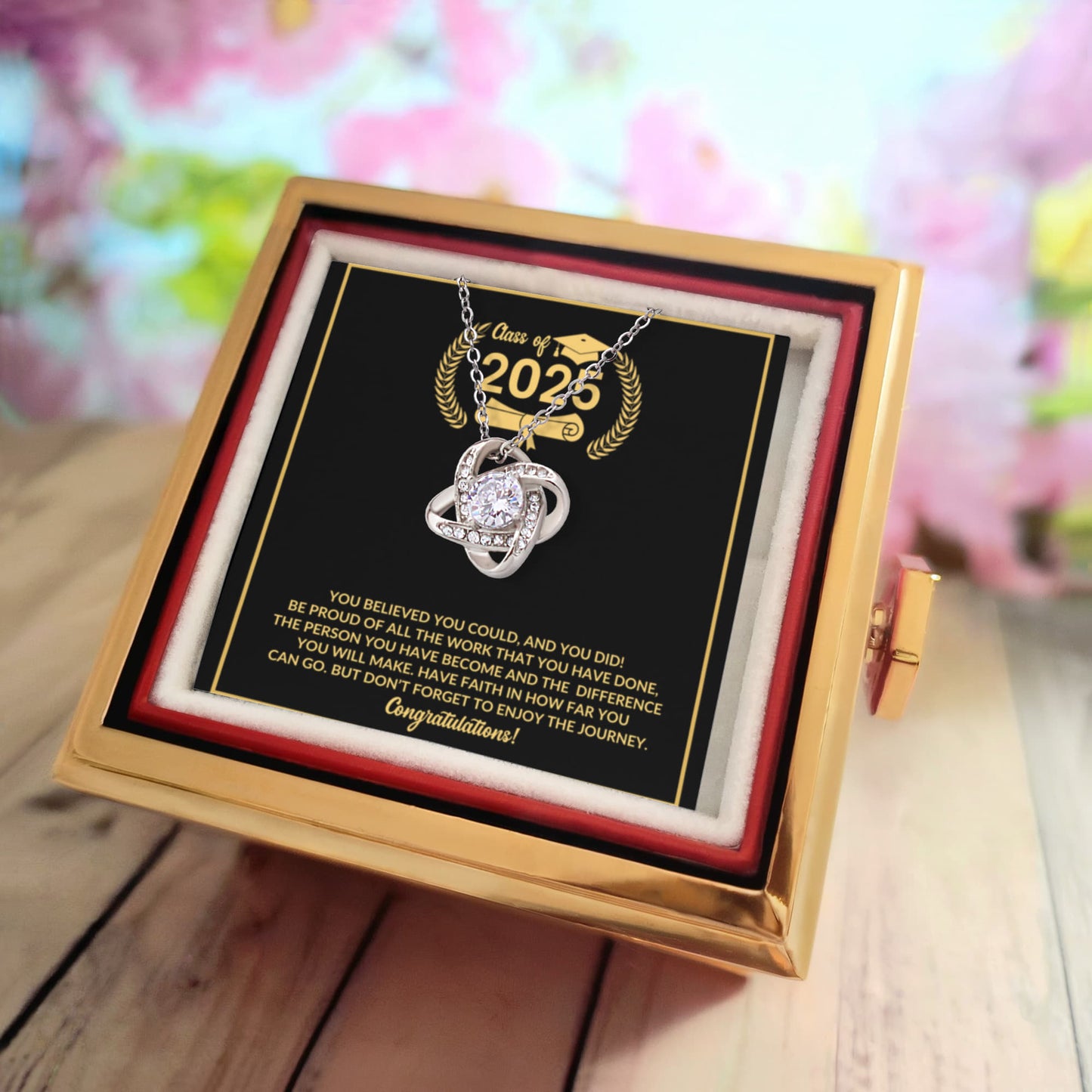 Class of 2025 Graduation Rotating Rose Box with Love Knot Necklace