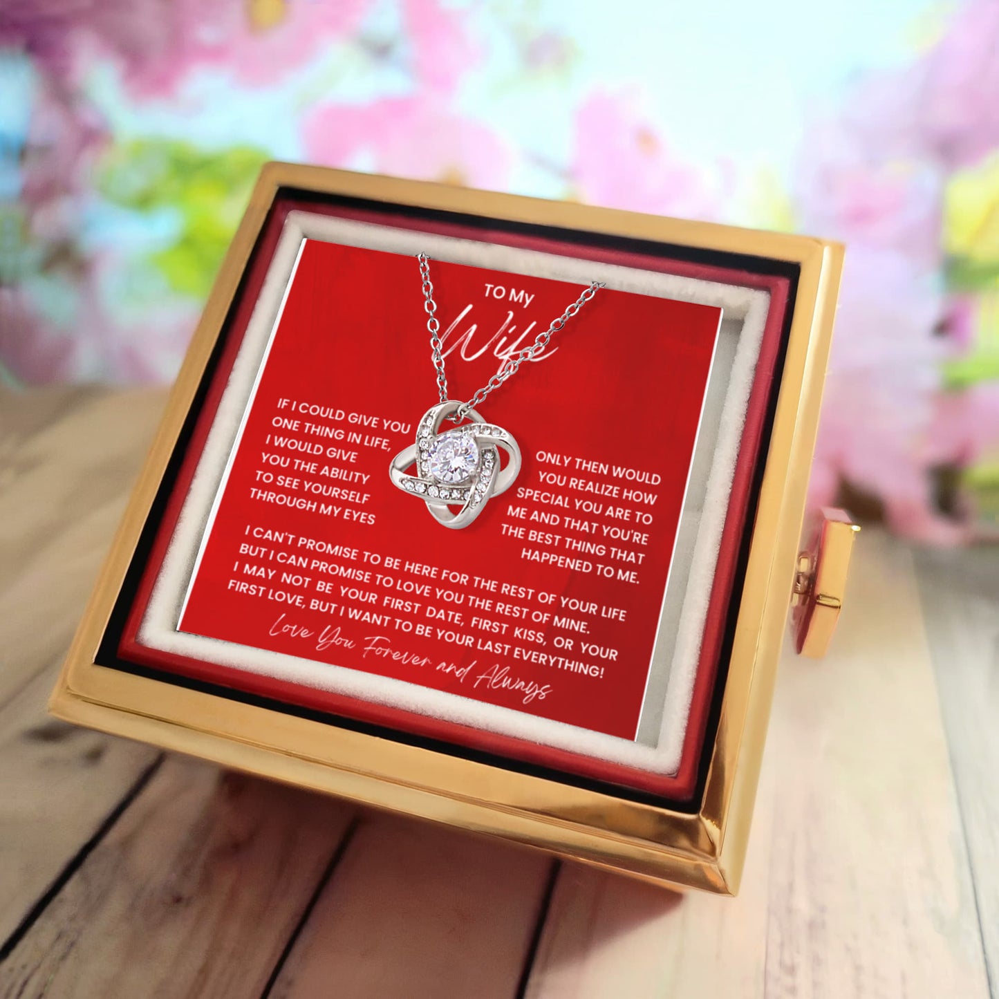 To My Wife Rotating Rose Box Love Knot Necklace