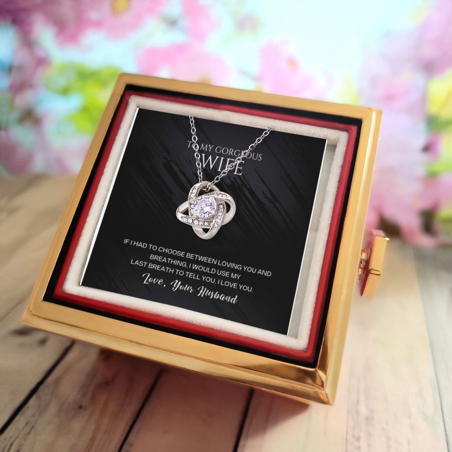 To My Wife Rotating Rose Box Love Knot Necklace