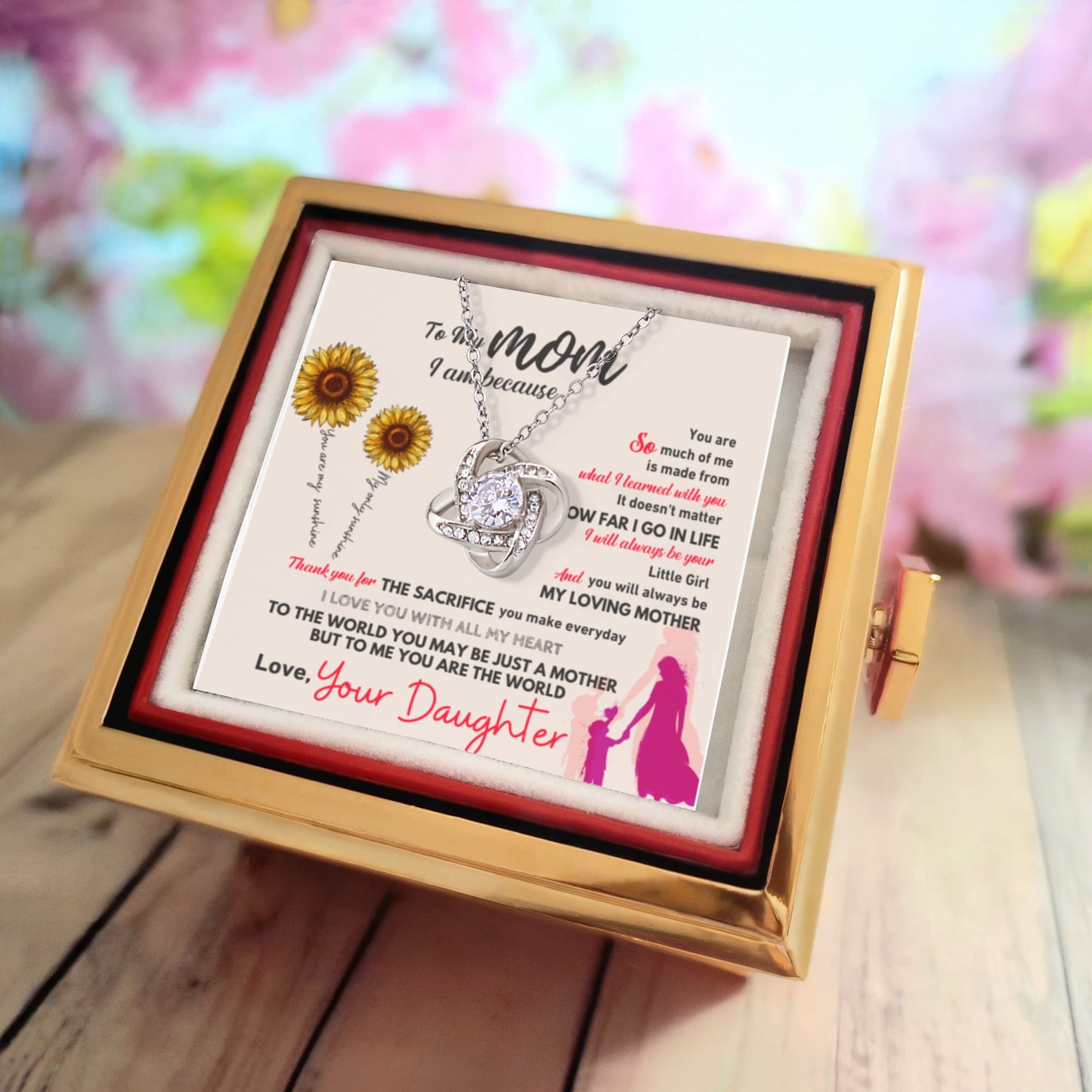 Mom Rotating Rose Box Love Knot Necklace
