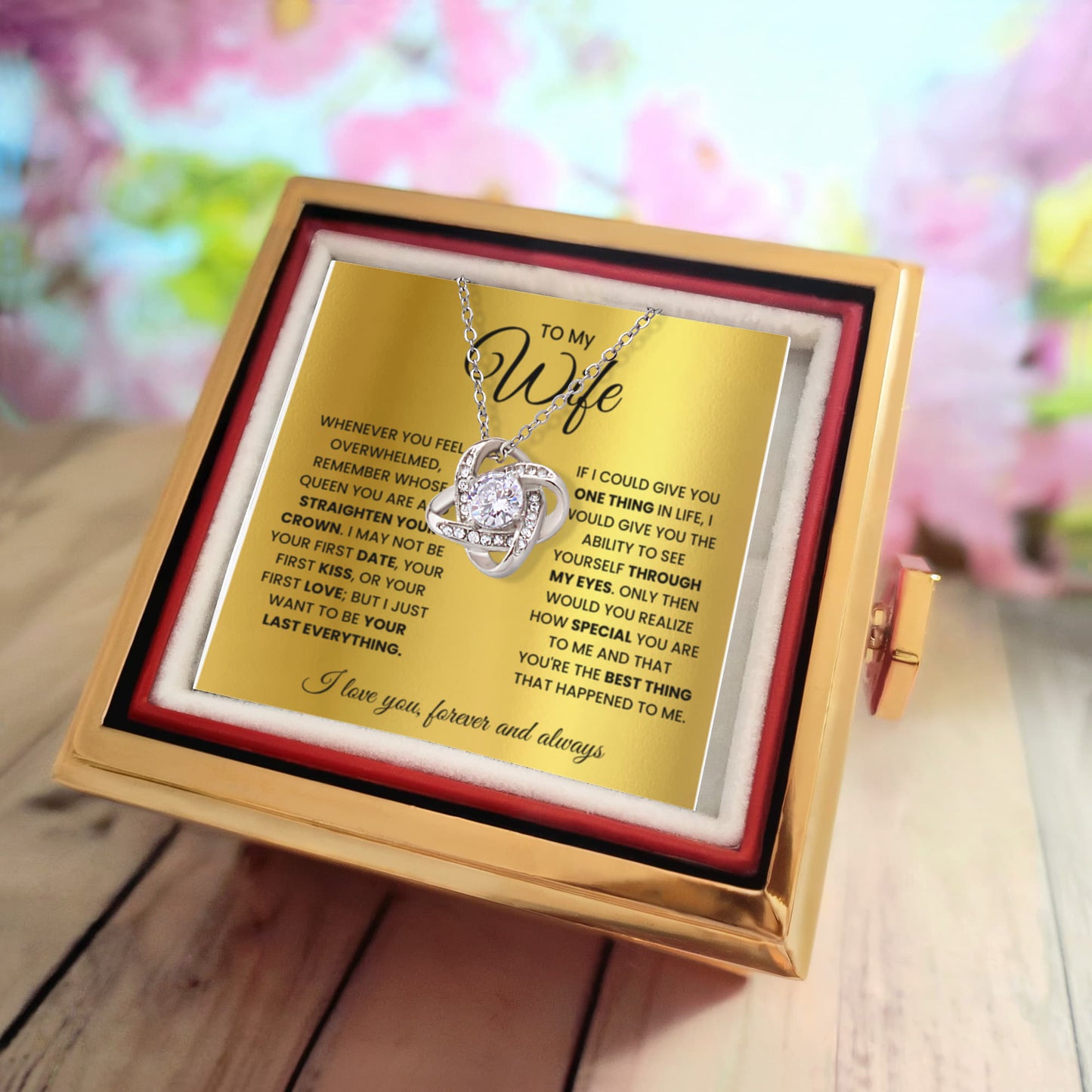 To My Wife Rotating Rose Box Love Knot Necklace